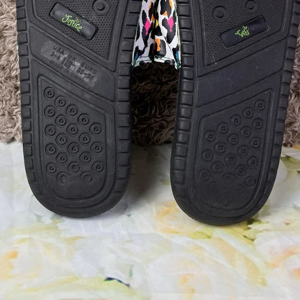 Justice Slides Shoe Size 3-4 Girls Kids Peace Sign Glitter Colorful Animal Print